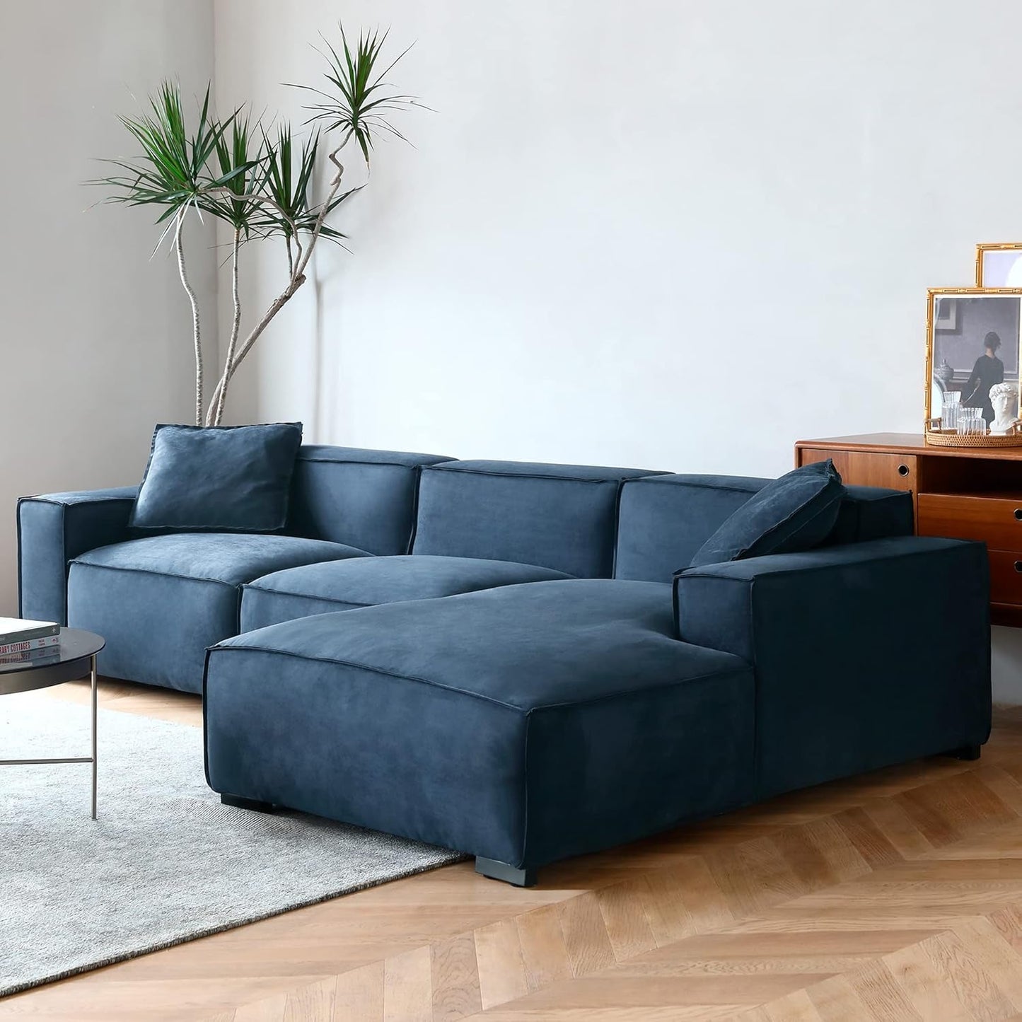 Modern L-Shaped Deep Sectional Sofa Furniture Set for Living Room Lounge, Minimalist Style Comfy Suedette Upholstery Corner Couch with Chaise, Dark Blue-2