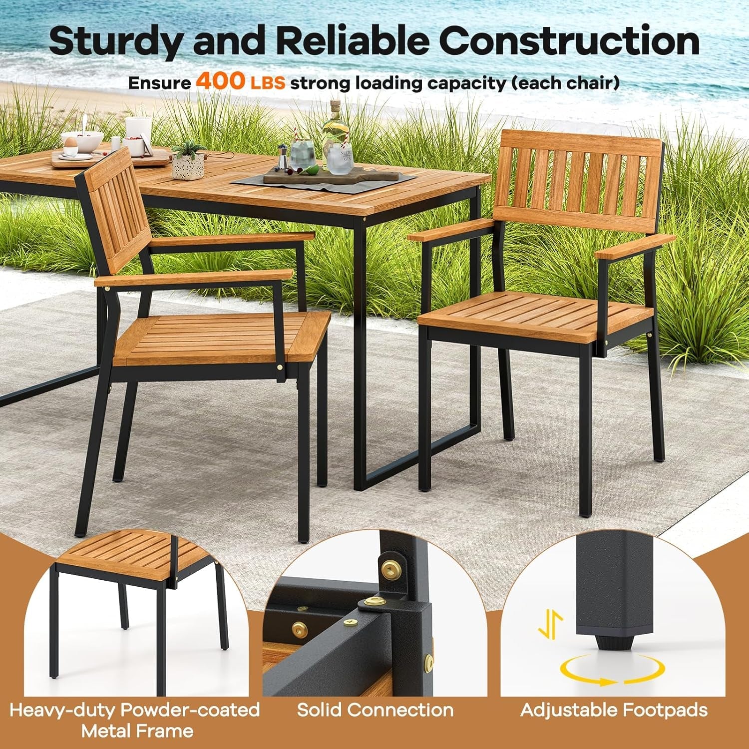 6 Pieces Outdoor Acacia Wood Dining Set, Patio Table and Chairs Set with Bench for 6-7 People, Outdoor Dining Furniture Set with 2" Umbrella Hole for Garden, Backyard and Poolside-4