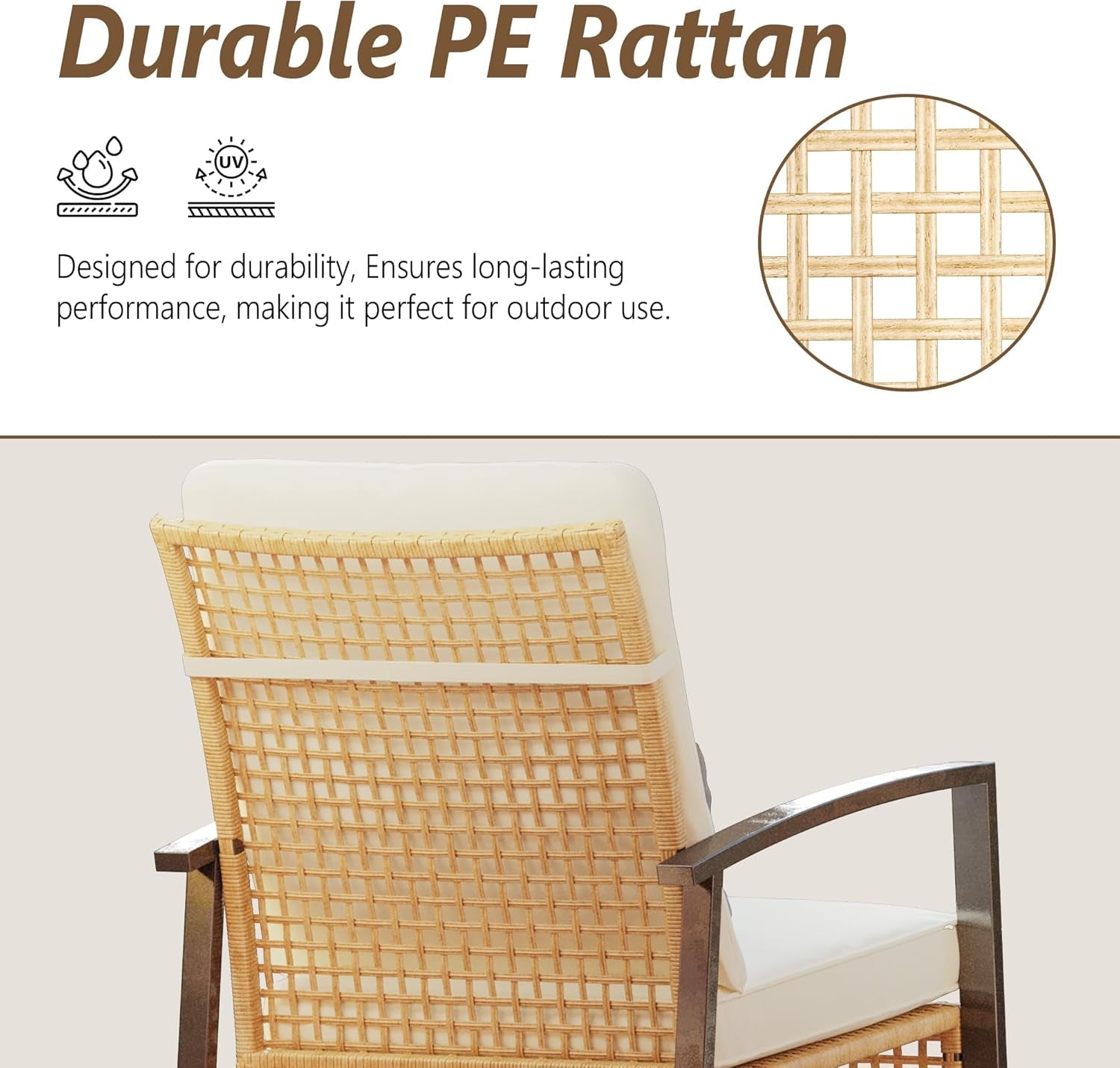 3 Piece Patio Rocking Chairs Set of 2, Outdoor Rocking Chair Bistro Set with Tempered Glass Coffee Table and Thick Lumbar Pillow Set, Front Porch Chairs for Garden, Backyard, Poolside (Beige)-4