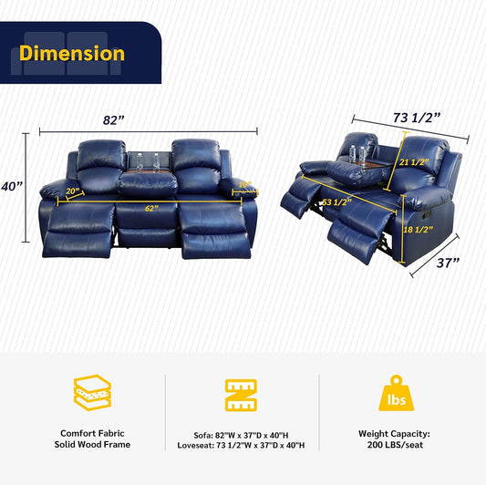 Alpine Living Room Recliner Set Include Love Seat, Sofa, 2-Piece,Navy Blue-1