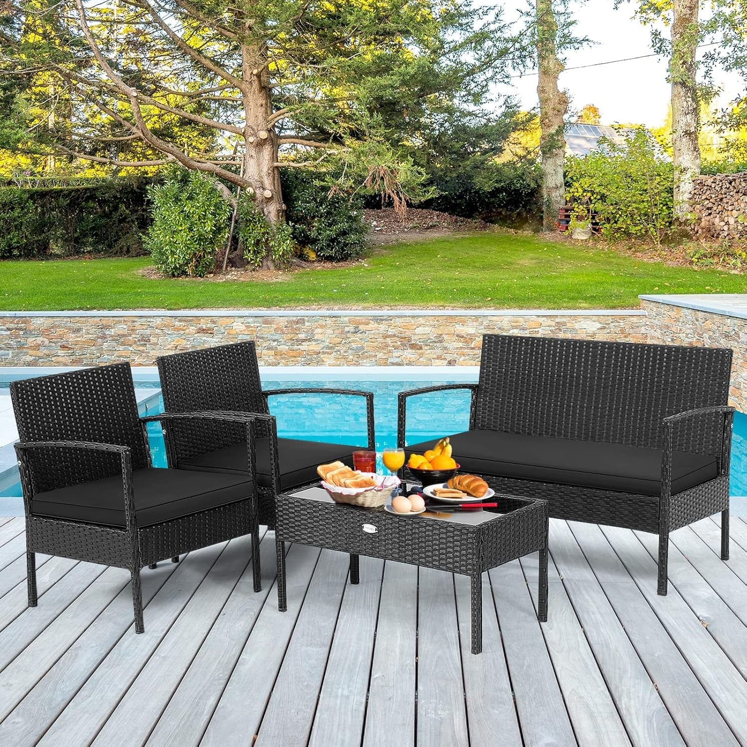4 Piece Patio Rattan Conversation Set, Outdoor Wicker Furniture Set W/Glass Coffee Table, Solid Steel Structure, Ergonomic Seat, Suitable for Garden, Courtyard, Balcony, Poolside-1