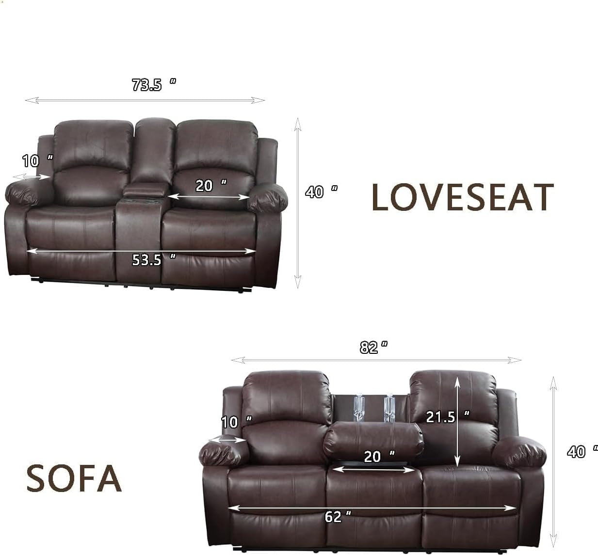 Bonded Leather Living Room Furniture Set Reclining Sofa Set Loveseat Furniture Sets in Living Room Sofa Recliners (Sofa+Loveseat, Brown)-2