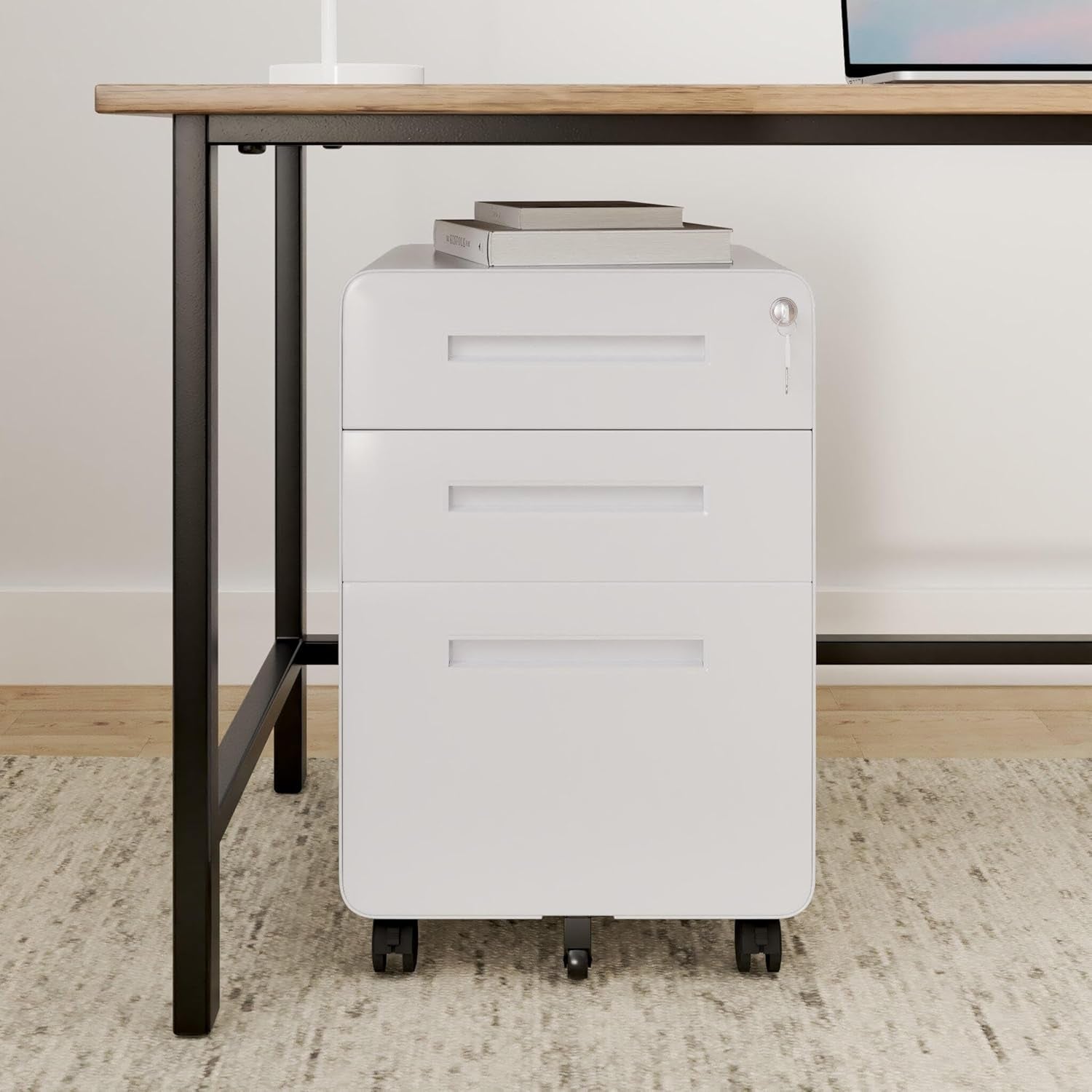 Mobile File Cabinet for Home Office 3 Drawer File Cabinet under Desk Storage Filing Cabinet for Legal/Letter/A4 File,Round Corner Design,White-1