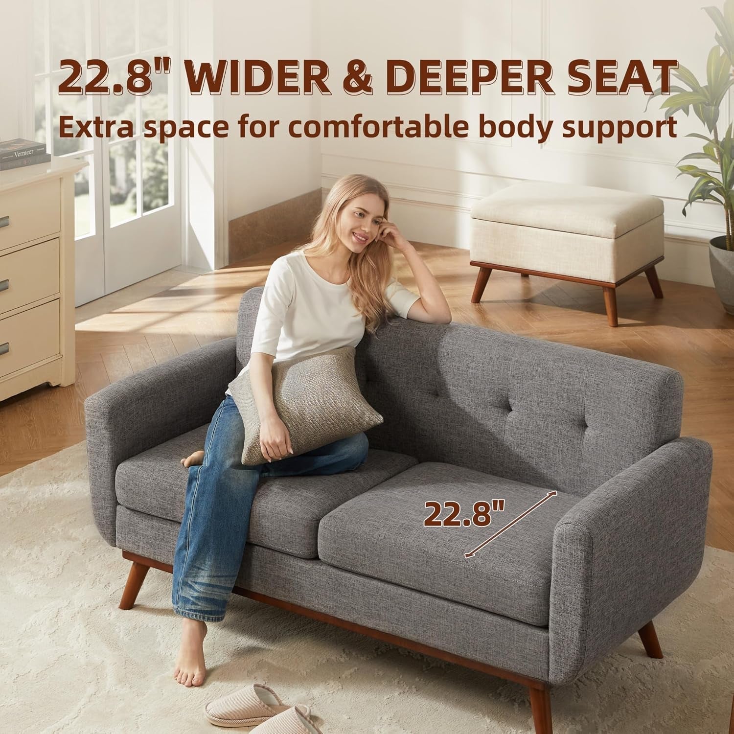 Grey Mid-Century Loveseat Sofa Easy Assembly, Solid Wood-1