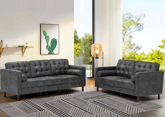 2 Pieces Faux Leather Sofa Set with Bolster Pillows,Tufted 3-Seat Sofa and Loveseat Couch with Wooden Legs, Upholstered Living Room Set for Living Room, Office, Grey-0