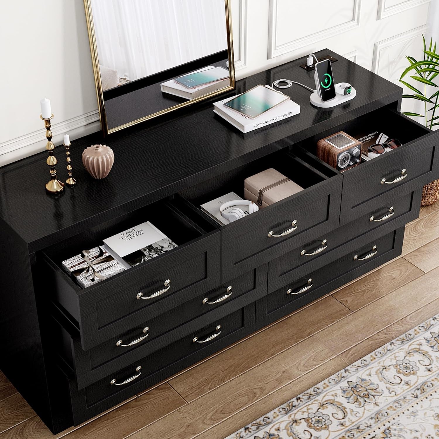 Farmhouse 7 Drawer Dresser for Bedroom, Large Modern Dresser TV Stand with Large Drawers & Bar Handles, Storage Dressers with Power Outlets, Rustic Wood Chest of Drawers, Black-4