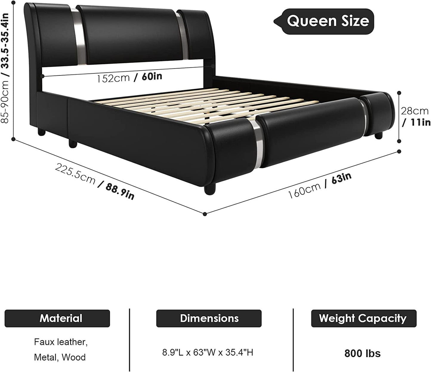 Queen Faux Leather Upholstered Platform Bed Frame-2