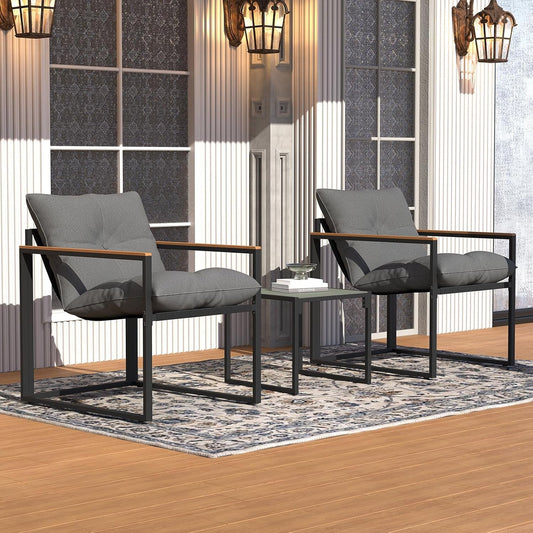 Patio Outdoor Furniture 3 Pcs Bistro/Converstation Set with 2 Chairs and 1 Coffee Table, Together with Cushions&Backrest, for Patio, Indoor, Garden, Balcony, Poolside, Bistro-1