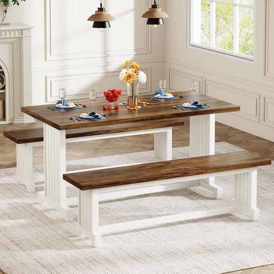 47" Dining Table Set for 4, 3-Piece Kitchen Room Table with 2 Benches, Farmhouse Wood Dinner Furniture for Small Space, Home Living Room, White & Rustic Brown-0