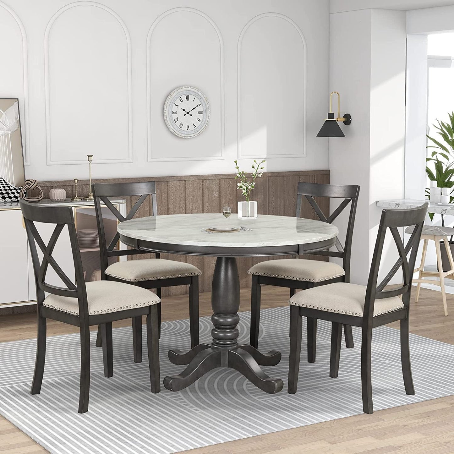 Wood 5-Piece round Dining Table Set with Cushioned Chairs-0
