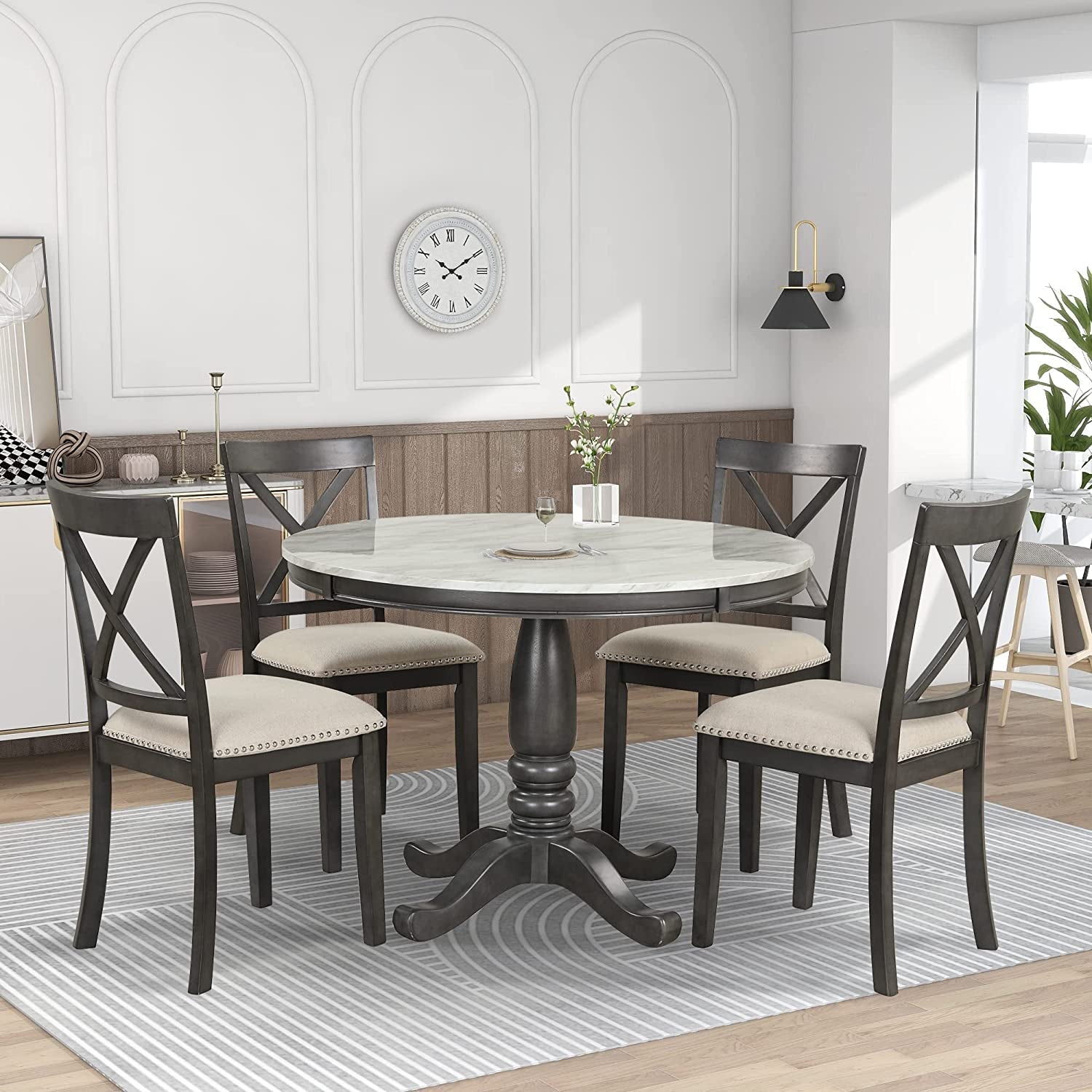 Wood 5-Piece round Dining Table Set with Cushioned Chairs-0