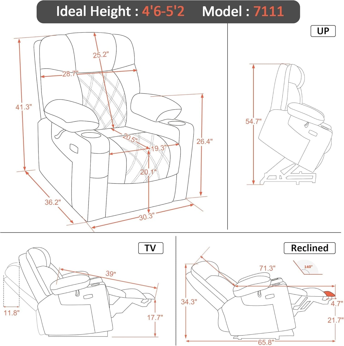 Small Size Power Lift Recliner Chair Sofa with Massage and Dual Heating, Adjustable Headrest for Elderly People Petite, USB Ports, Faux Leather 7111 (Black)-2