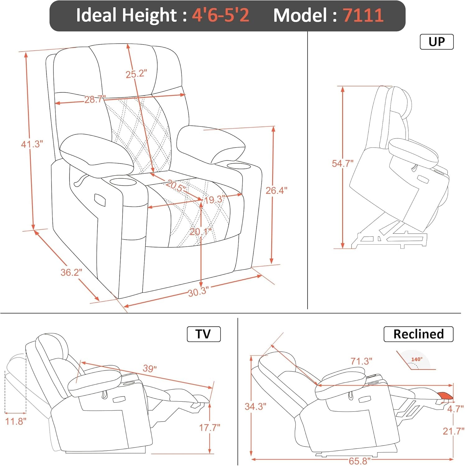 Small Size Power Lift Recliner Chair Sofa with Massage and Dual Heating, Adjustable Headrest for Elderly People Petite, USB Ports, Faux Leather 7111 (Black)-2