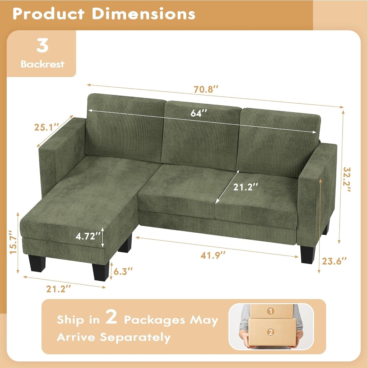 Green Corduroy Convertible L-Shape Sofa with Ottoman-2
