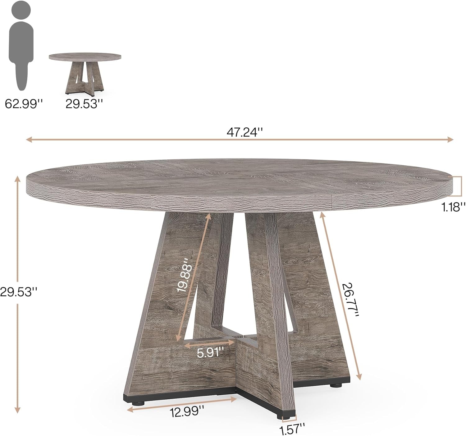 Farmhouse Dining Table, 47 Inch round Dinner Table for 4, Rustic round Dining Room Table for Home Dining Room Living Room (Grey)-1