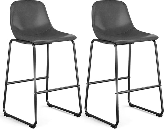 Pu Faux Leather Bar Stools Set of 2, Industrial Pub Barstools with Back and Footrest, Modern Armless Bar Height Stool Chairs (Grey, 30" Barstool X2)-0