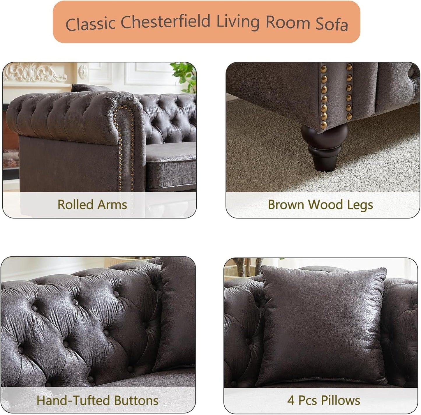 2-Piece Tech Fabric Upholstered Living Room Sofa Set, Including 3-Seater Sofa and Loveseat with Button and Copper Nail on Arms, Four Pillows Included, Grey-2