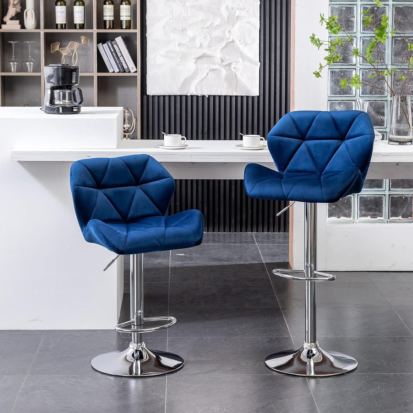 Breni Velvet Diamond Tufted Swivel Adjustable Height Barstools, Set of 2, Blue-1
