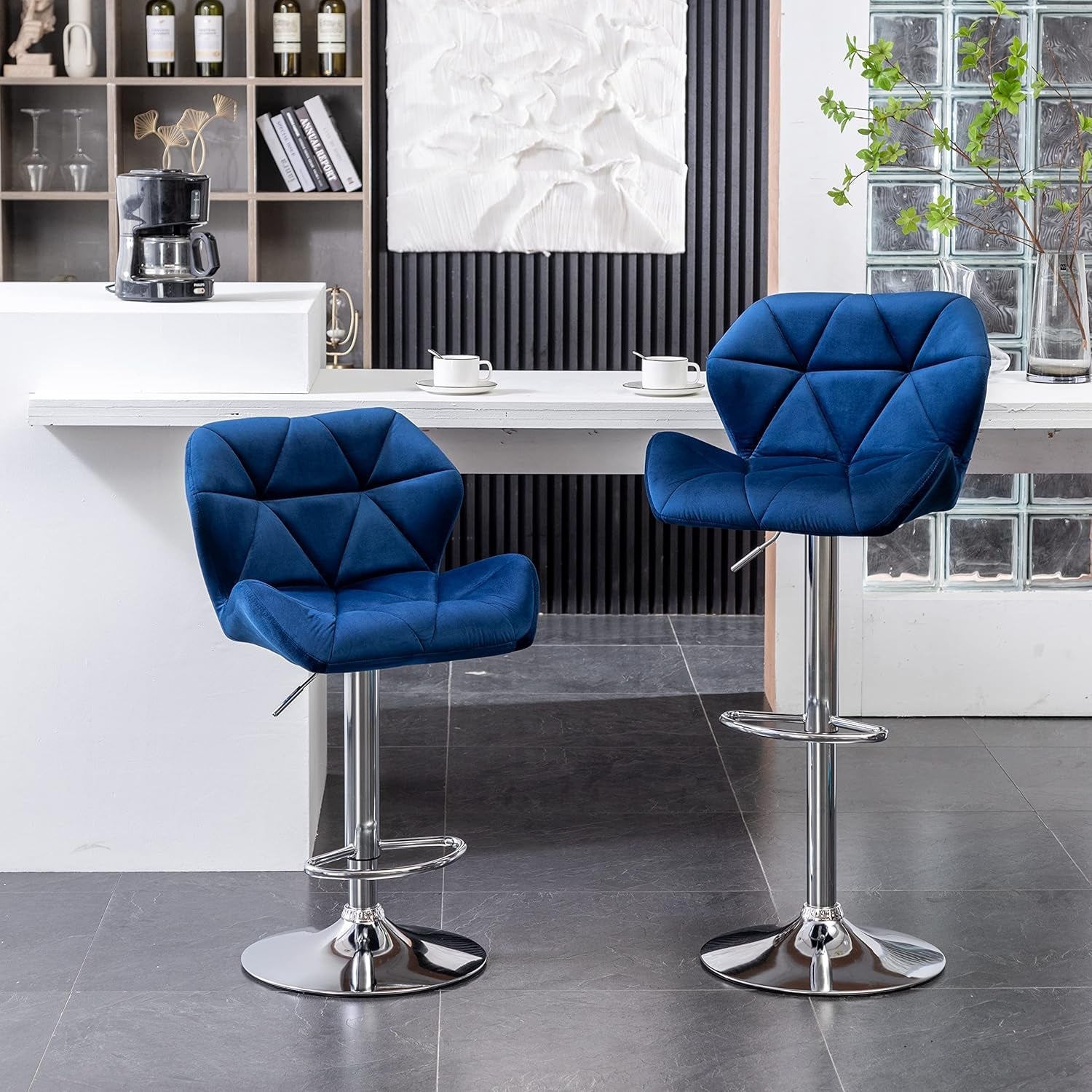 Breni Velvet Diamond Tufted Swivel Adjustable Height Barstools, Set of 2, Blue-1