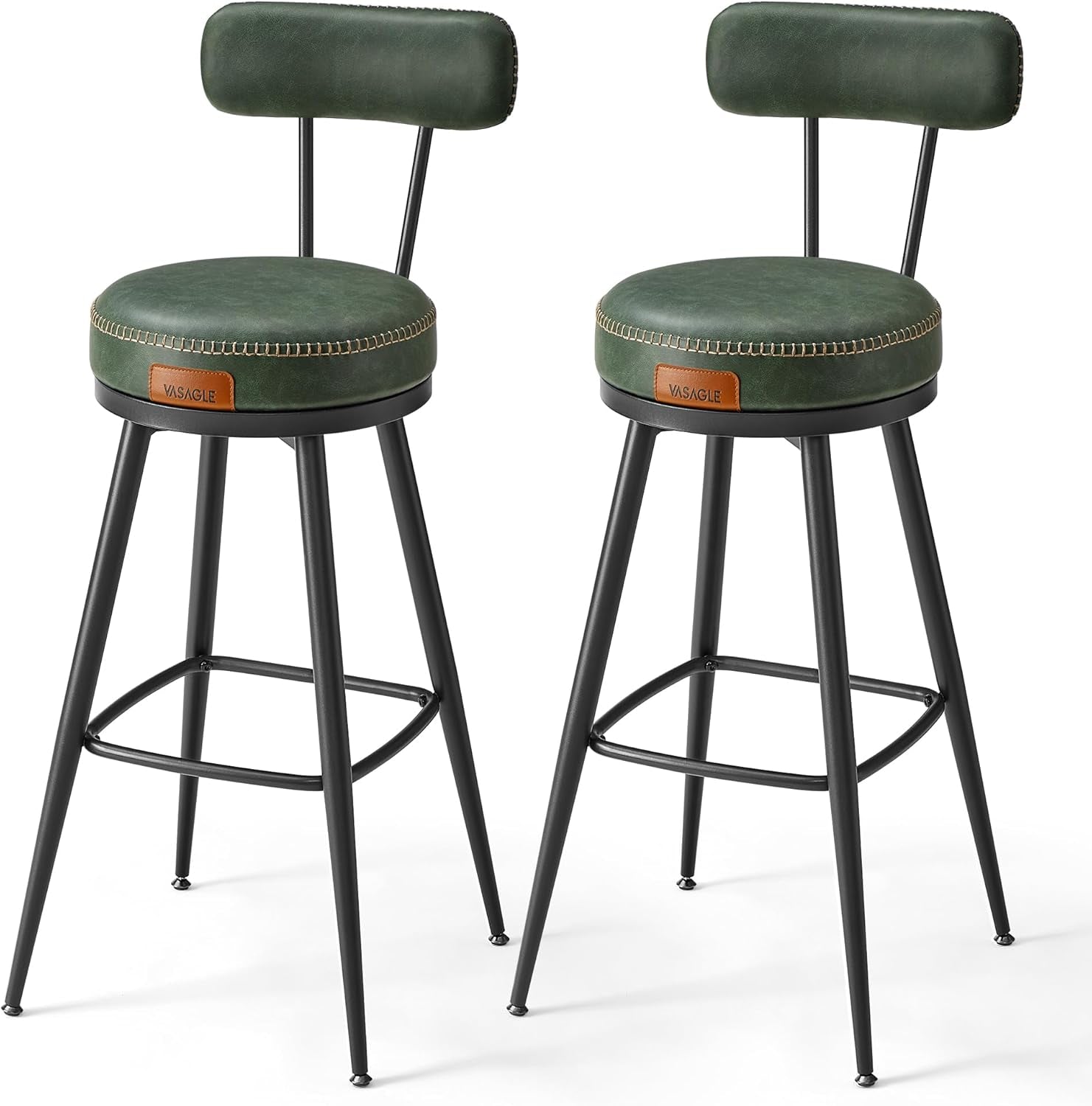 EKHO Collection - Bar Stools Set of 2, Bar Height Swivel Bar Stools with Back, Synthetic Leather with Stitching, Mid-Century Modern, 30-Inch Tall Barstools for Kitchen Home Bar, Forest Green-0