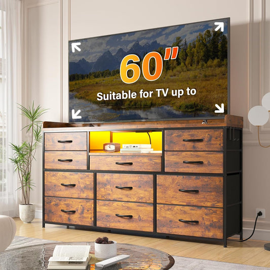 Dresser TV Stand with 11 Drawers for 60" TV Stand for Bedroom with LED Lights & Power Outlets Long Dresser for Bedroom with Shelves & 4 Hooks, Sturdy Metal Frame & Thick Wood Top, Rustic Brown-1