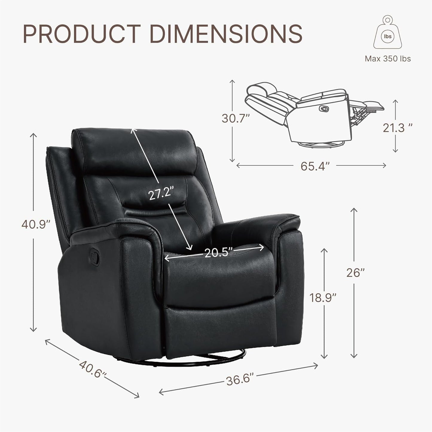 Leather Recliner Chair Faux Swivel Rocker for Adults Manual Sofa for Living Room Bedroom Home Theater Seating,Black-2