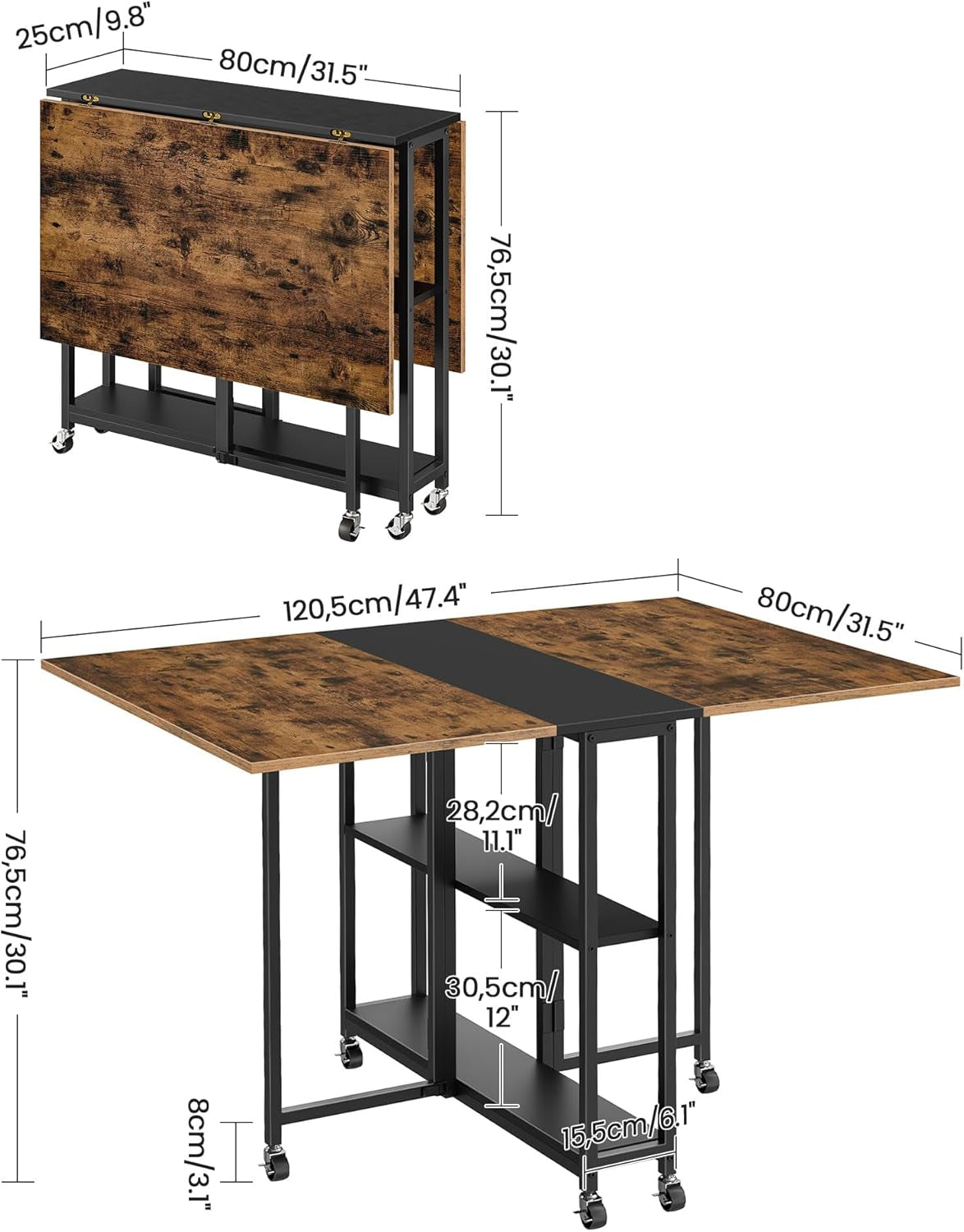 Folding Dining Table, Movable Dining Table, Expandable Kitchen Table, Versatile Table with 6 Wheels and 2-Tier Shelf, for Dining, Living Room, Apartment, Rustic Brown TCZ01BF-2
