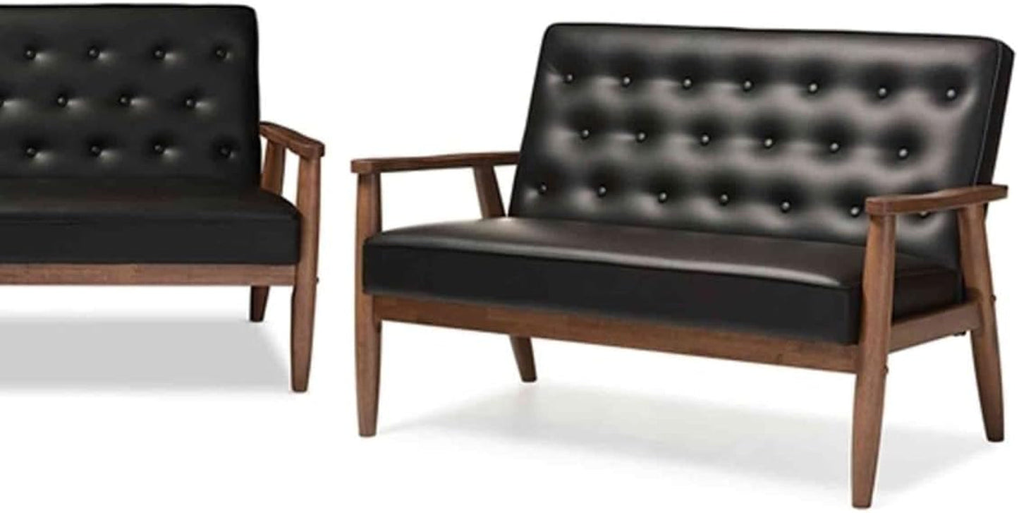 Sorrento Mid-Century Retro Modern Black Faux Leather Upholstered Wooden 3 Piece Living Room Set-2