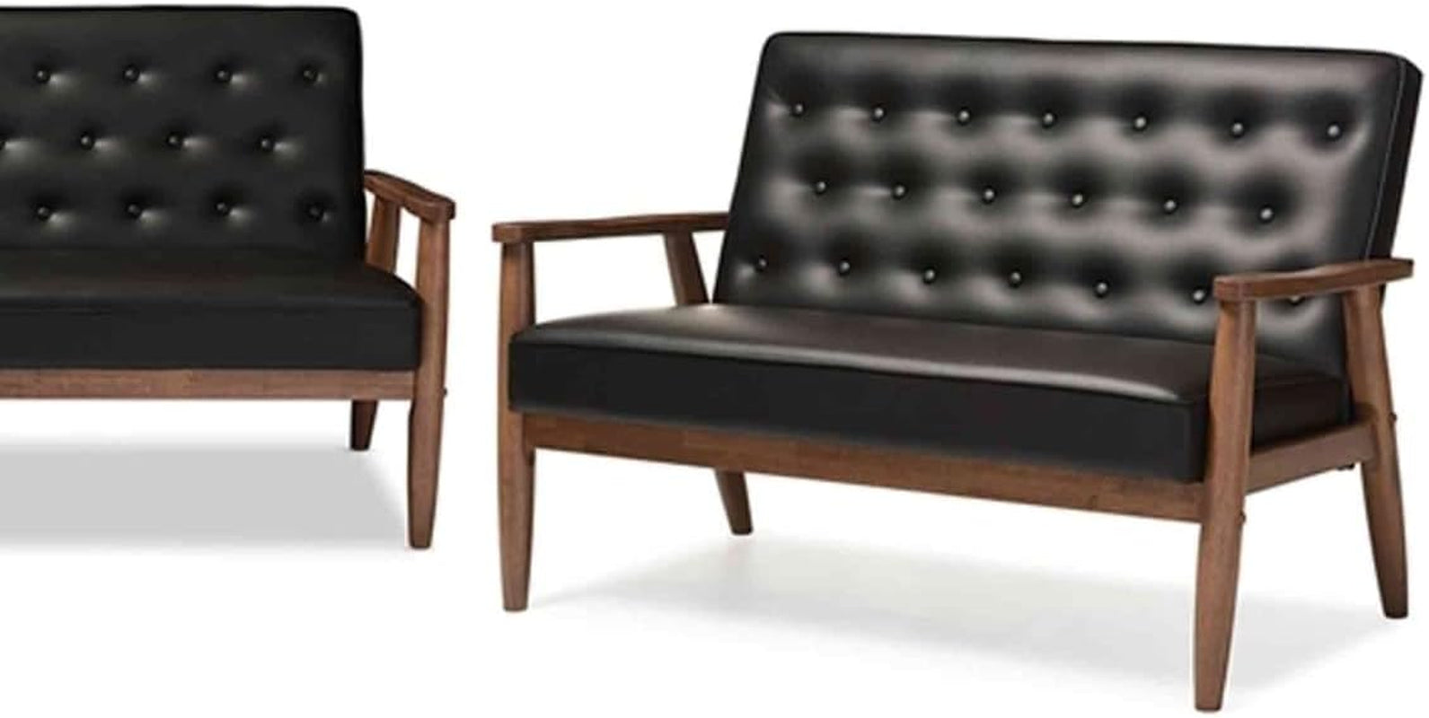 Sorrento Mid-Century Retro Modern Black Faux Leather Upholstered Wooden 3 Piece Living Room Set-2