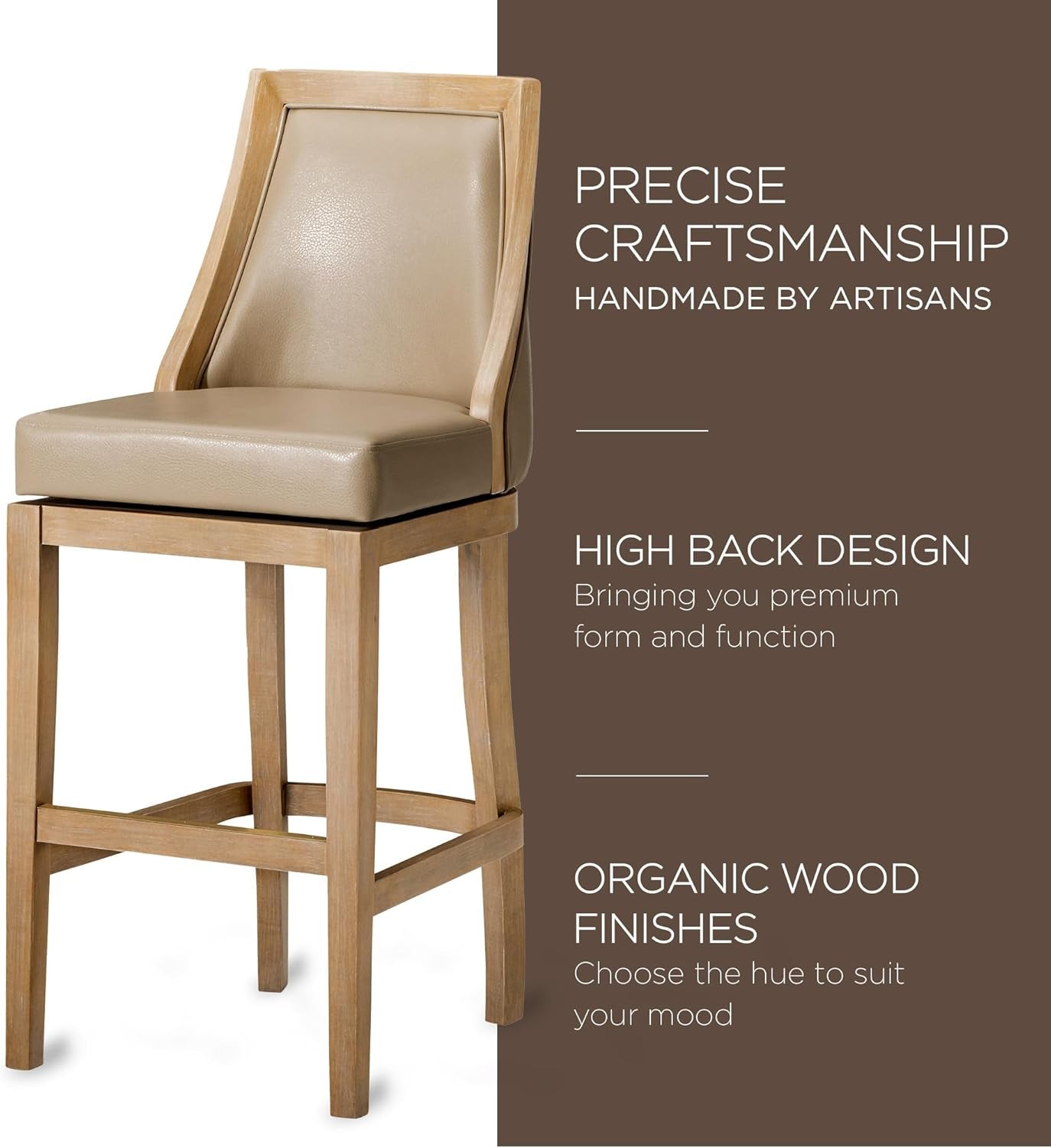 Vienna 31 Inch Tall Bar Height Rotating High Back Barstool in Weathered Oak Finish with Avanti Bone Vegan Leather Seat-3