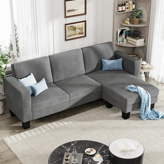 L-Shaped Convertible Sectional Sofa 3 Seater with Corduroy Fabric, Complete with Mobile Footrest, for Living Room, Apartment and Office, 70", Dark Gray-0
