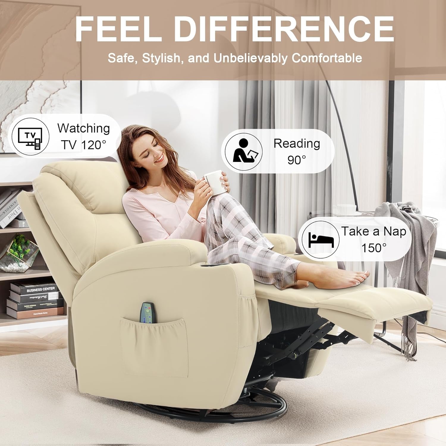 Recliner Chair, Rocking Chair with Massage and Heat, 360° Swivel Recliner Chairs for Adults, Rocker Manual Recliner with Remote Control and Cup Holder for Living Room, Bedroom, Nursery-3