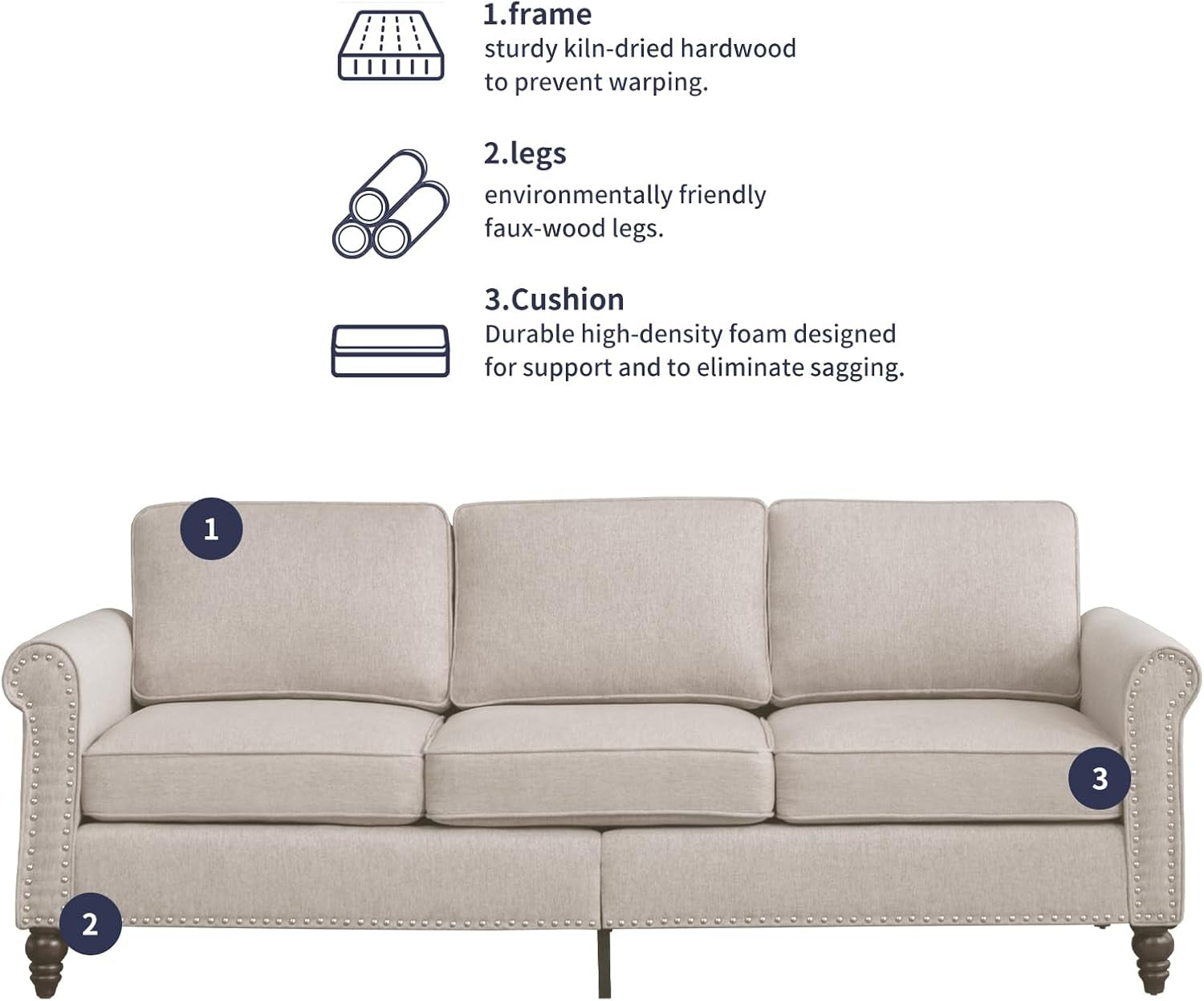 2 Piece Living Room Sofá Set, 3 Seat Sofa and Armchair with Solid Wood Frame and 4 Gourd Shapes Legs for Home/Bedroom/Apartment(Beige)-3