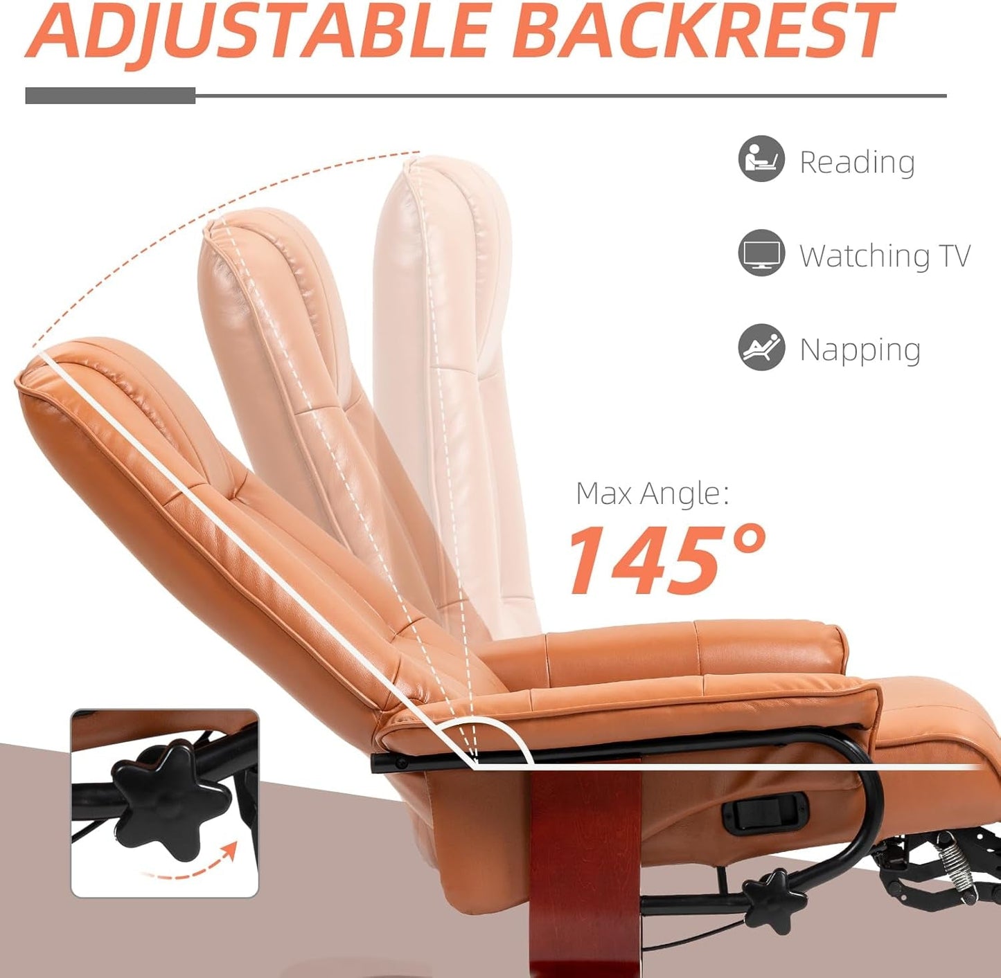 Faux Leather Manual Recliner, Adjustable Swivel Lounge Chair with Footrest, Armrest and Wrapped Wood Base for Living Room, Light Brown-3