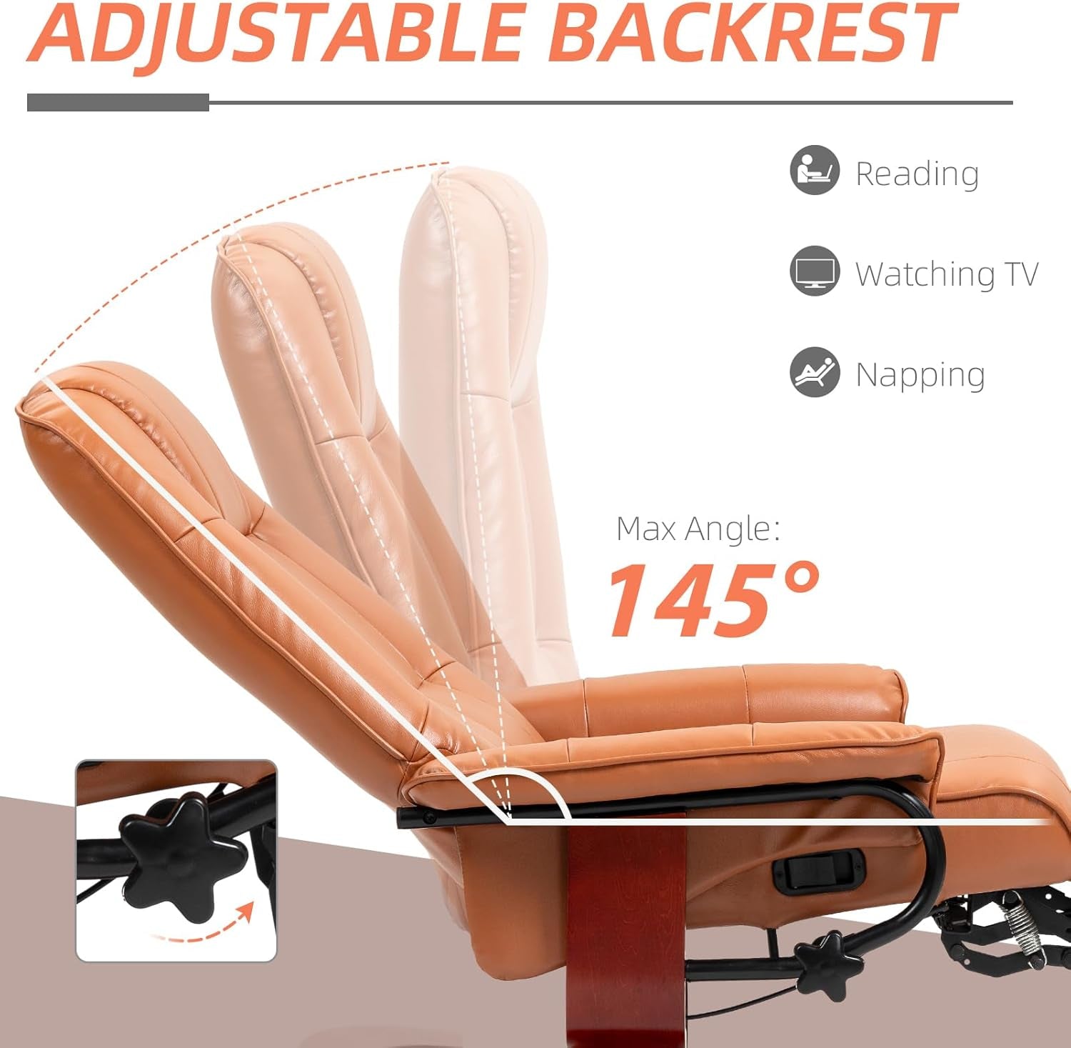 Faux Leather Manual Recliner, Adjustable Swivel Lounge Chair with Footrest, Armrest and Wrapped Wood Base for Living Room, Light Brown-3