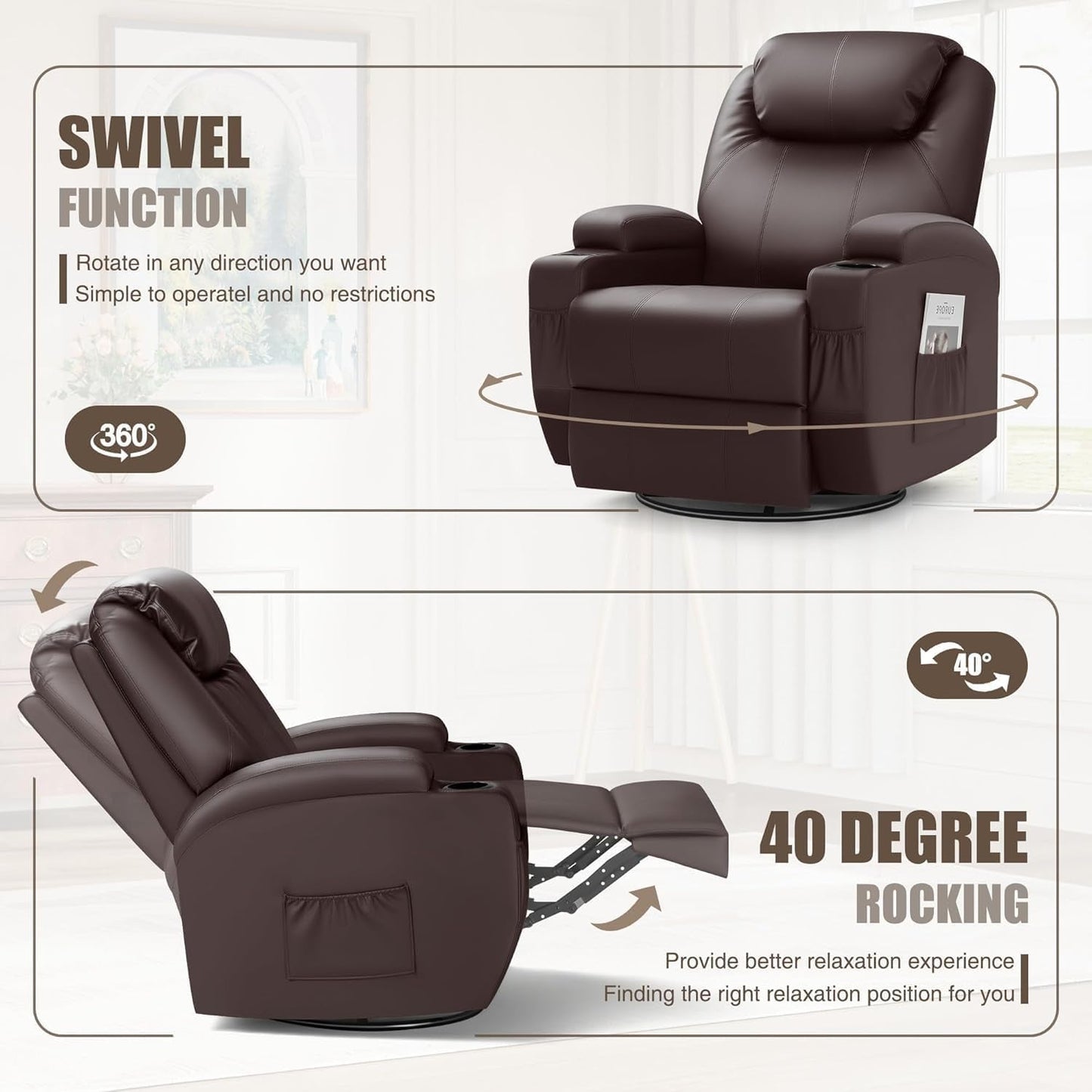 Recliner Chair, Rocking Massage Chairs, Home Reclining Sofa Chair, PU Leather, Ergonomic Living Room Chair with Cup Holders, Remote Control (Brown)-3