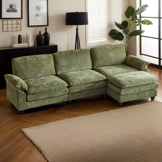 Sectional Sofa Modular Deep Seat Sofa Couch with Ottoman, Chenille Sofa Sleeper Comfy Upholstered Furniture for Living Room, Apartment, Studio, Office, (3-Seat & 1-Ottoman, Green)-0