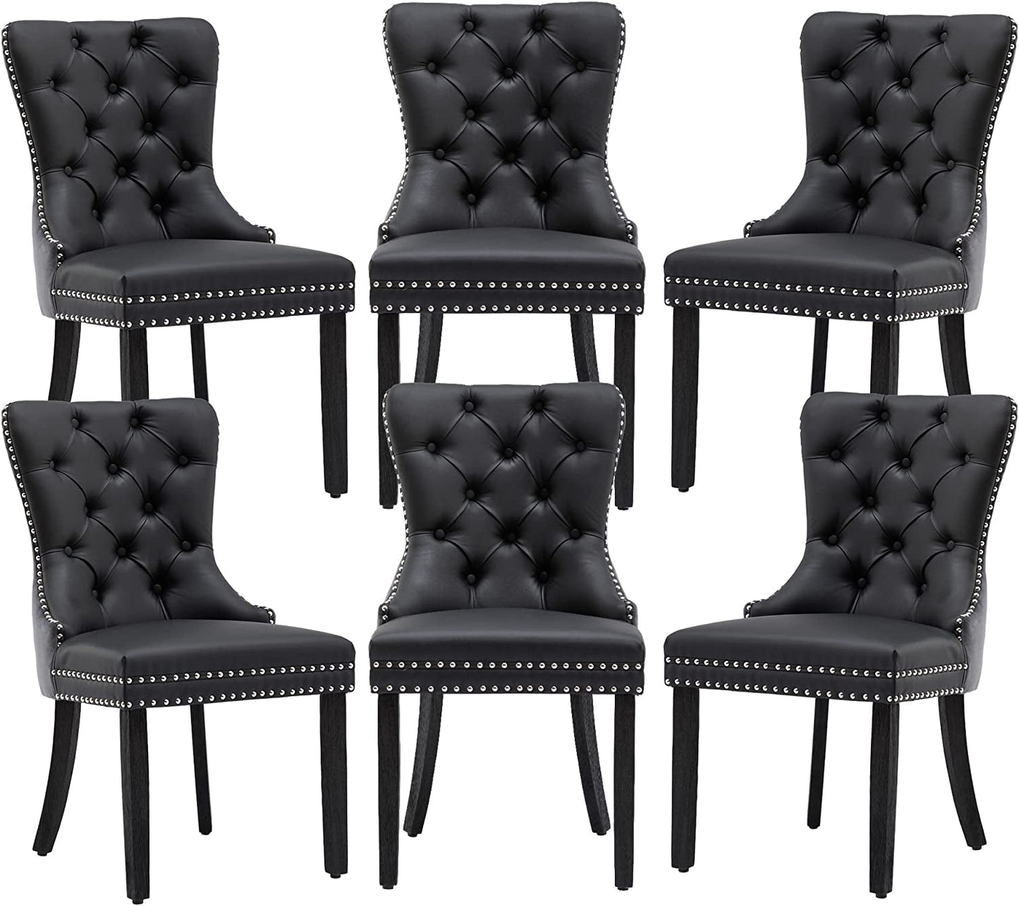 Black and Dark Grey Velvet Dining Chairs Set of 6 with Nailhead Trim and Pull Ring-2