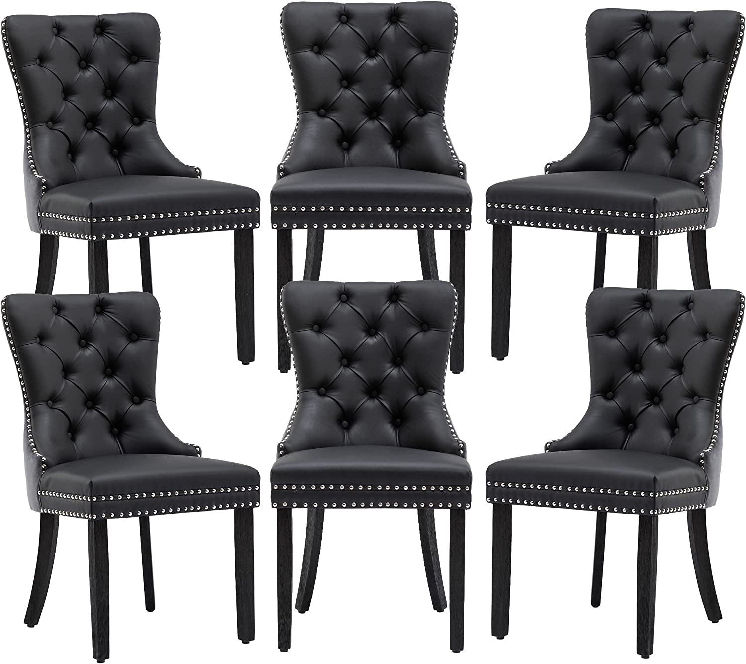 Black and Dark Grey Velvet Dining Chairs Set of 6 with Nailhead Trim and Pull Ring-2