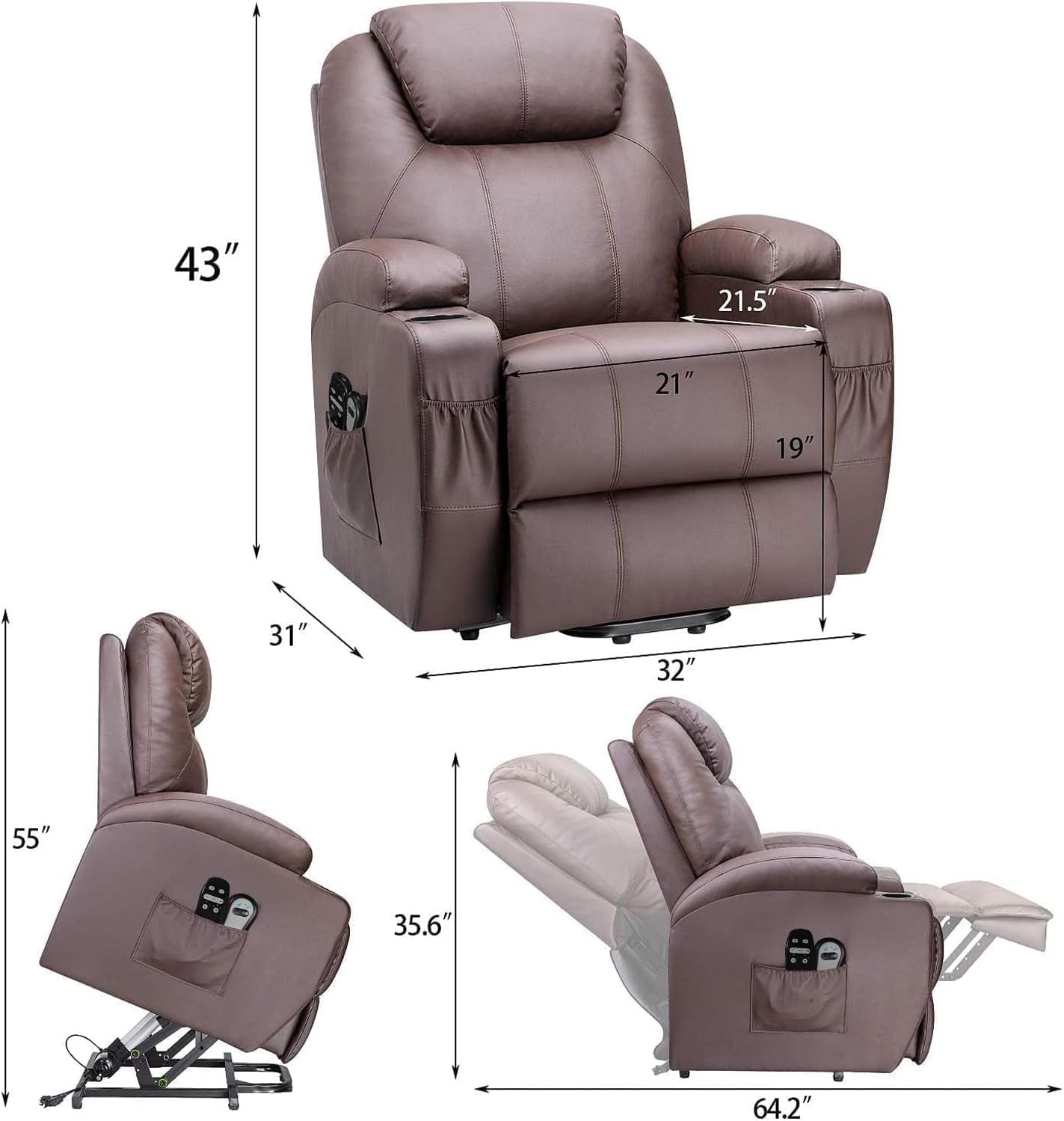 Power Lift Recliner Chair PU Leather with Massage for Elderly Ergonomic Lounge Chair Classic Single Sofa with 2 Cup Holders Side Pockets Home Theater Seat (Leather, Brown)-2
