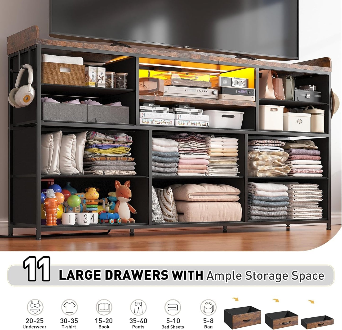 Dresser for Bedroom with 11 Drawers for 60" TV Stand for Bedroom with LED Lights & Charging Station Long Dresser with Shelves & 4 Hooks Sturdy Metal Frame & Fabric Drawers (Rustic Brown)-3