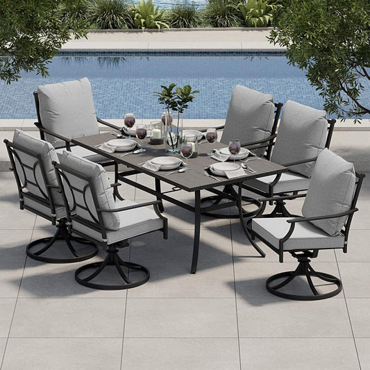 7-Piece Patio Dining Set for 6, E-Coated Outdoor Dining Set Swivel Patio Dining Chairs with Olefin Cushions & 1 Black Rectangular Faux Woodgrain Dining Table with 1.5”Market Umbrella Hole-0