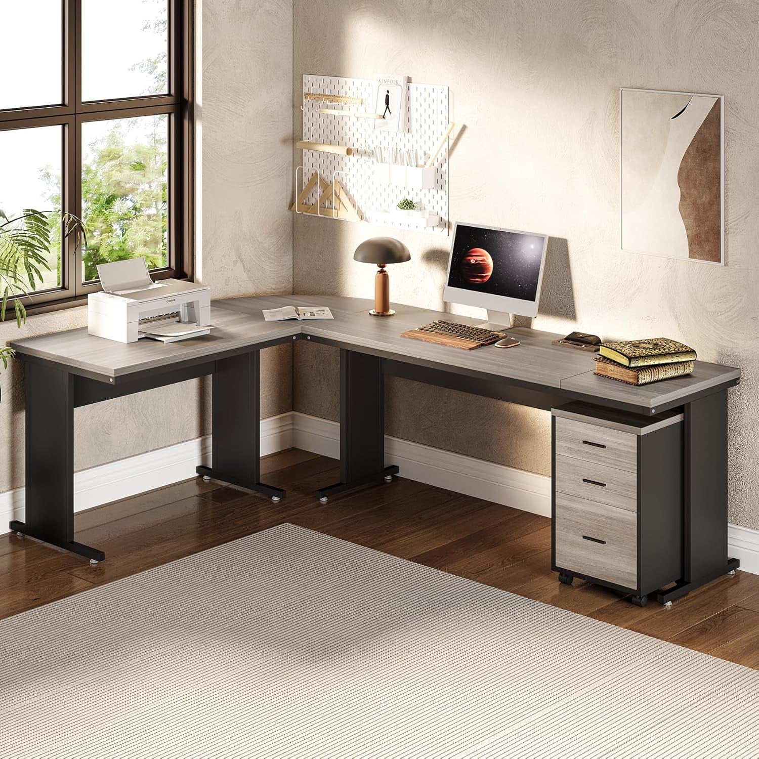 83" Gray Farmhouse L Desk File Cabinet-0