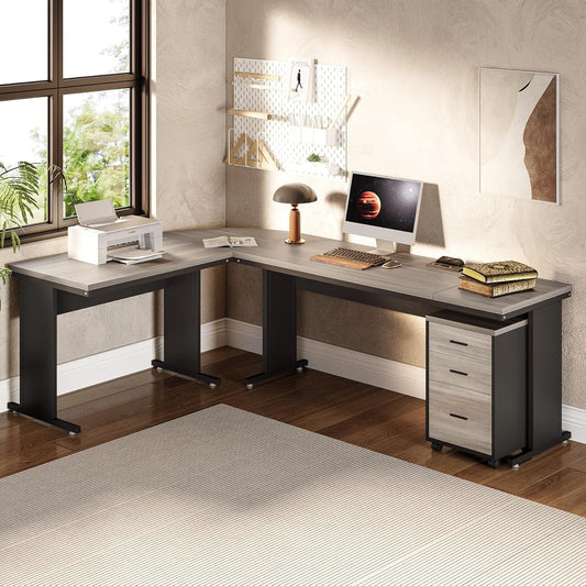 83" Gray Farmhouse L Desk File Cabinet-0