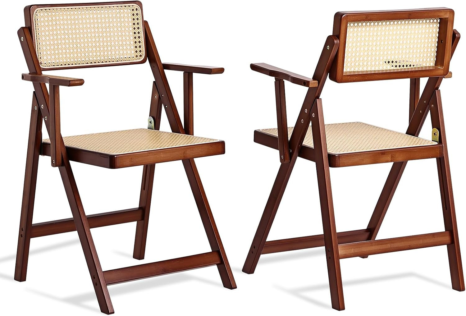 Rattan Folding Dining Chairs Set of 2, Modern Mid Century Dining Chairs with Arms, Outdoor Bamboo Chairs for Bedroom, Living Room, Reading Room, Walnut-0