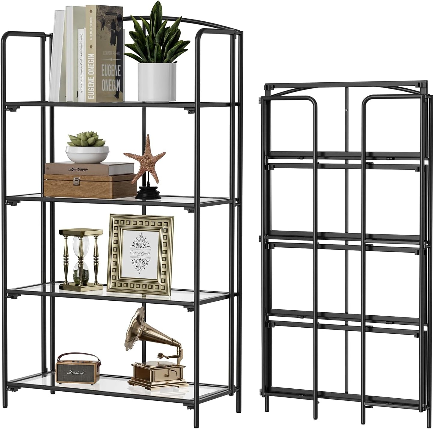 No Assembly Folding Bookshelf for Living Room, 4 Tier Black Collapsible Book Shelf for Home Office, Portable Bookcase Storage Organizer-0