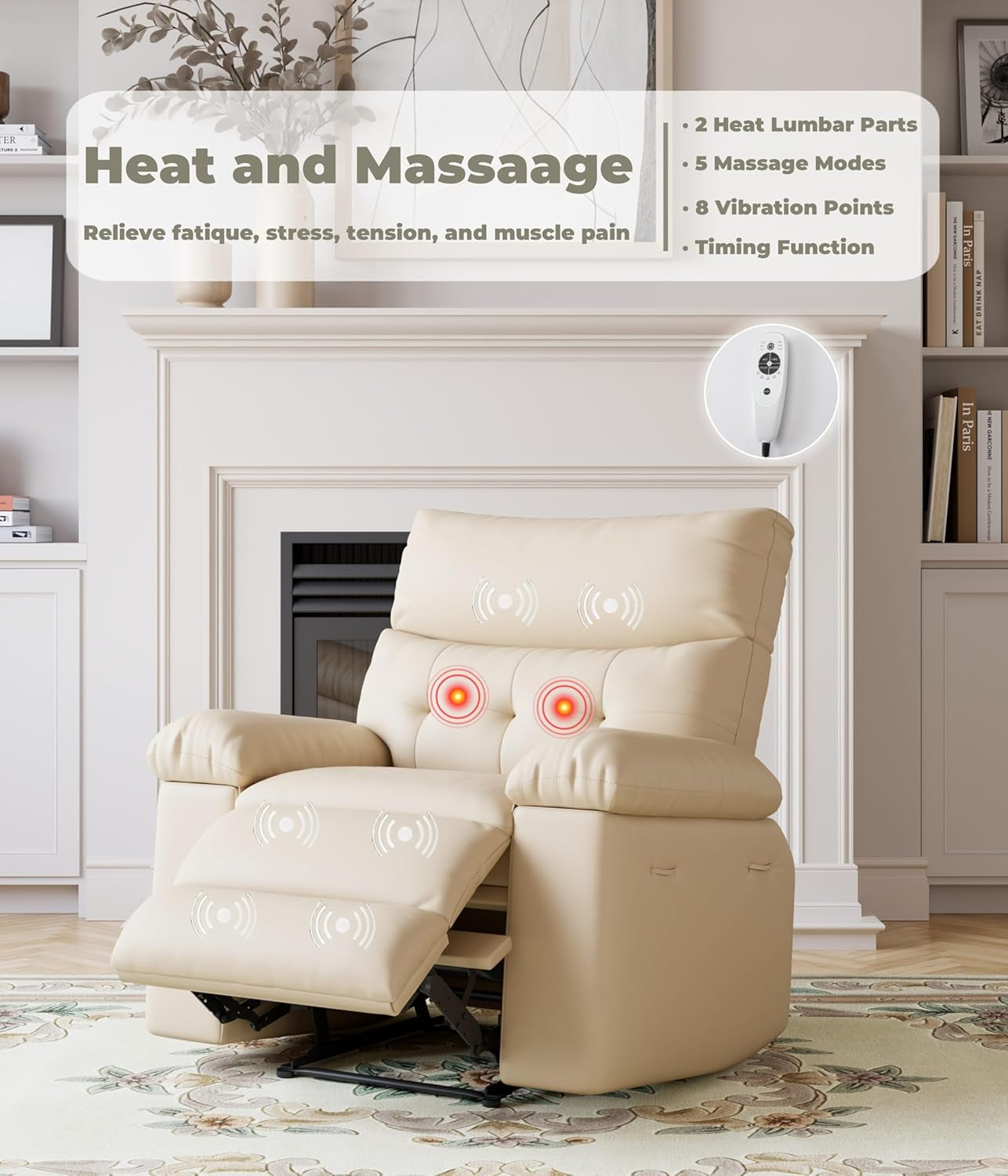 Oversized Wide Recliner Chair - Heat and Massage, PU Leather Large Manual Recliner for Adults, Comfort Lazy Chair with 1.5X Sponge Filling and Easy Recline Mechanism for Relaxation-4