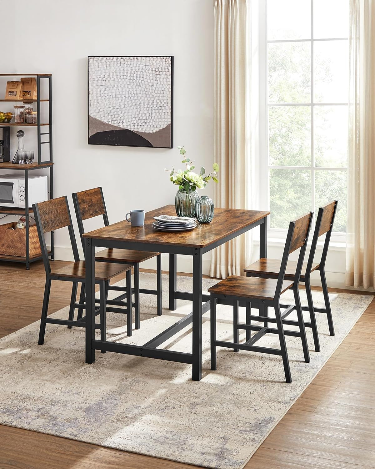 Dining Chair Set of 4, Rustic Wood Chairs with Metal Steel Frame, Easy to Assemble, Comfortable Seat, Modern Farmhouse Chair for Kitchen, Bedroom, Living Room, Rustic Brown and Ink Black-2