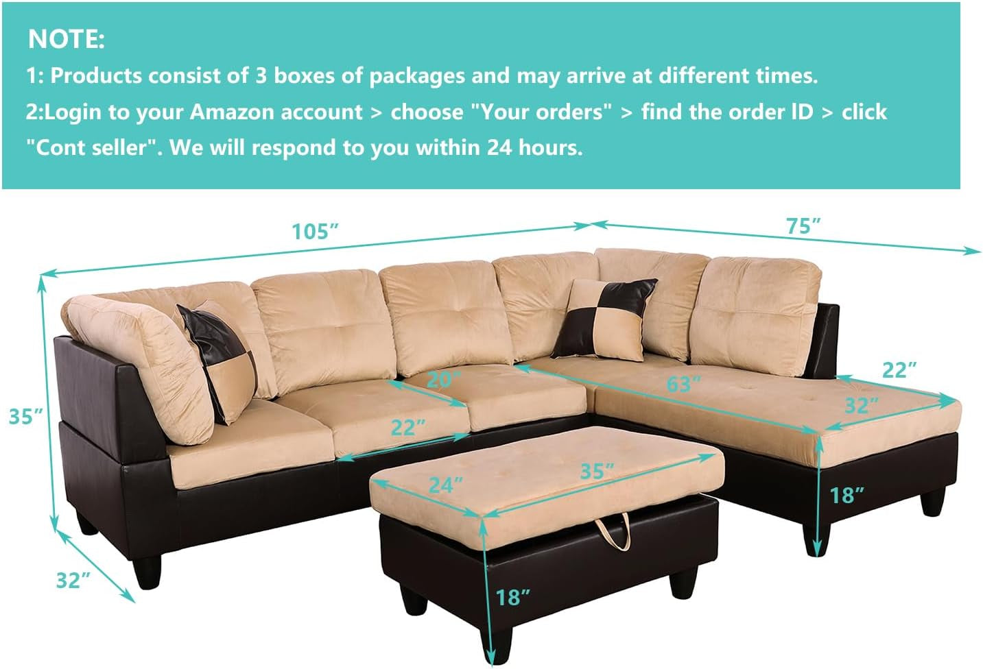 Beige Sectional Couch for Living Room Set, 105 Inch Sectional Sofa L Shaped Couch with Storage Ottoman/Microfiber Fabric/Facing Right Chaise-2