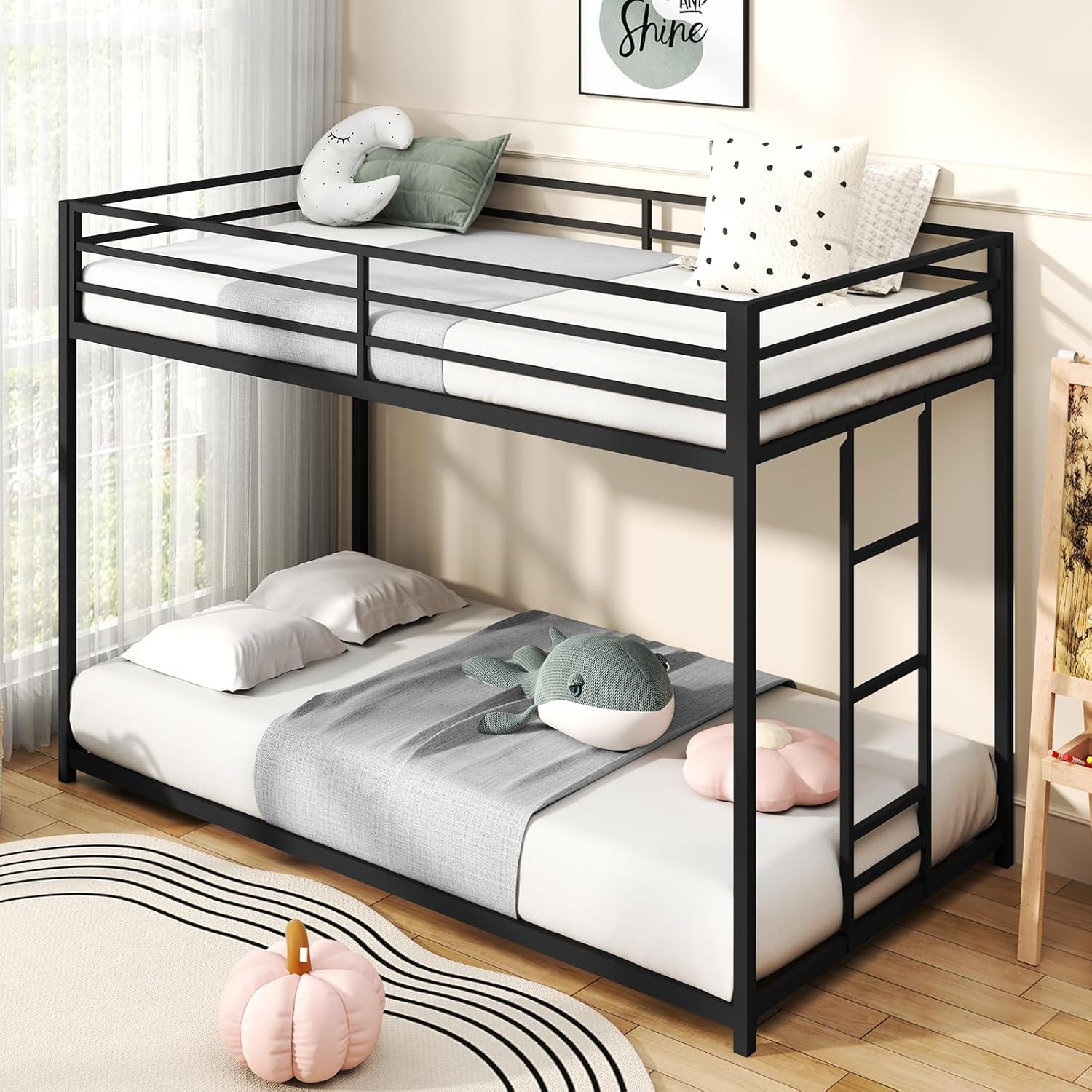 Twin over Twin Bunk Bed, Metal Low Profile Bunkbeds with Full-Length Guardrail and Ladder, Space Saving, No Boxing Spring Needed, Black-0